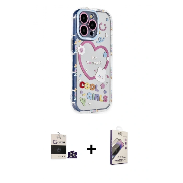 MARSİLYAN™- iPhone 14 Pro Max Kılıf Ahenk Modern Serisi - Siyah Bilvis 3D Mat Cam Ekran Koruyucu + Bilvis Titan Kamera Lens - GS