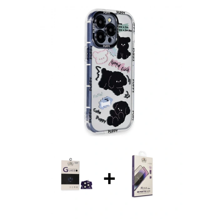 MARSİLYAN™- iPhone 14 Pro Max Kılıf Ahenk Modern Serisi - Siyah Bilvis 3D Mat Cam Ekran Koruyucu + Bilvis Titan Kamera Lens - DNMR