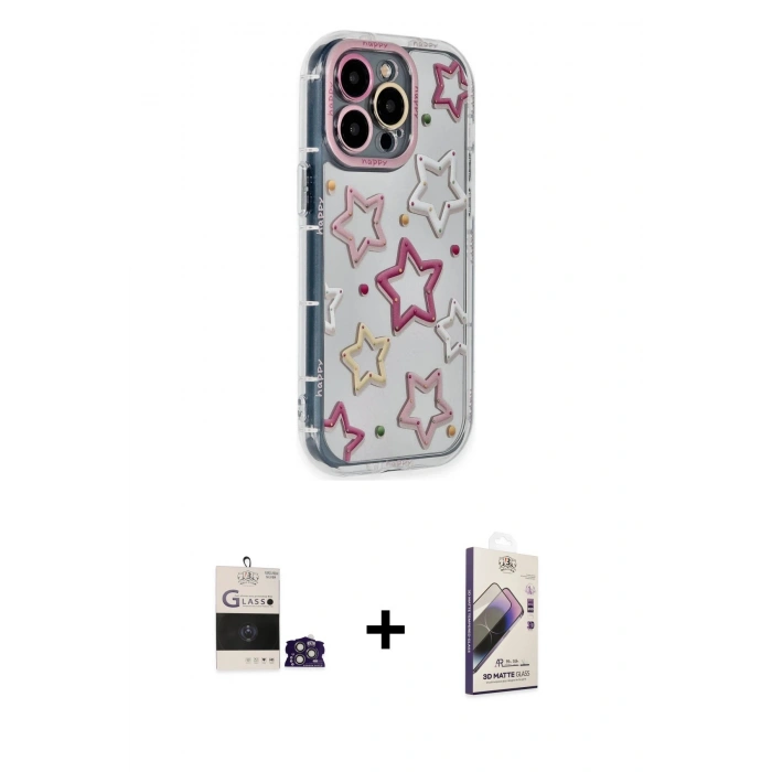 MARSİLYAN™- iPhone 14 Pro Max Kılıf Ahenk Modern Serisi - Siyah Bilvis 3D Mat Cam Ekran Koruyucu + Bilvis Titan Kamera Lens - GS