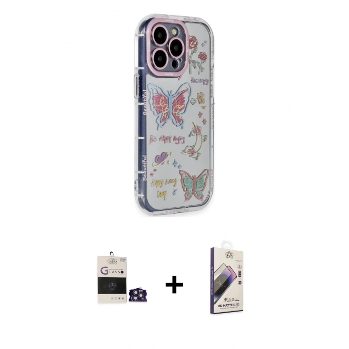 MARSİLYAN™- iPhone 14 Pro Max Kılıf Ahenk Modern Serisi - Siyah Bilvis 3D Mat Cam Ekran Koruyucu + Bilvis Titan Kamera Lens - GS