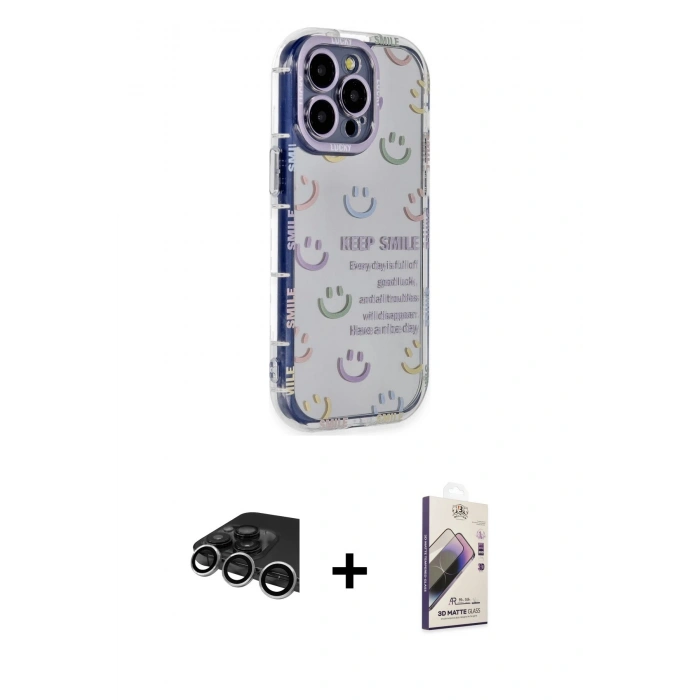 MARSİLYAN™- iPhone 14 Pro Max Kılıf Ahenk Modern Serisi - Siyah Bilvis 3D Mat Cam Ekran Koruyucu + Raze Metal Kamera Lens - GS