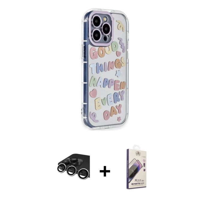MARSİLYAN™- iPhone 14 Pro Max Kılıf Ahenk Modern Serisi - Siyah Bilvis 3D Mat Cam Ekran Koruyucu + Raze Metal Kamera Lens - GS