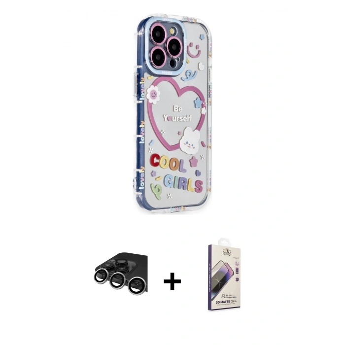 MARSİLYAN™- iPhone 14 Pro Max Kılıf Ahenk Modern Serisi - Siyah Bilvis 3D Mat Cam Ekran Koruyucu + Raze Metal Kamera Lens - GS