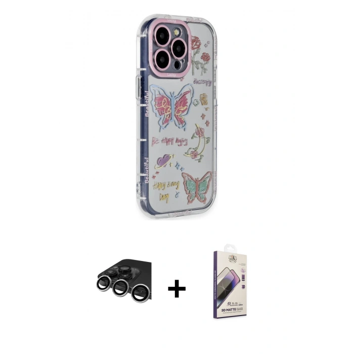 MARSİLYAN™- iPhone 14 Pro Max Kılıf Ahenk Modern Serisi - Siyah Bilvis 3D Mat Cam Ekran Koruyucu + Raze Metal Kamera Lens - GS
