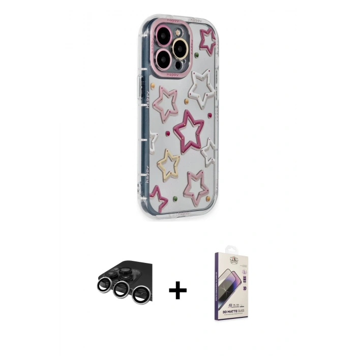 MARSİLYAN™- iPhone 14 Pro Max Kılıf Ahenk Modern Serisi - Siyah Bilvis 3D Mat Cam Ekran Koruyucu + Raze Metal Kamera Lens - GS