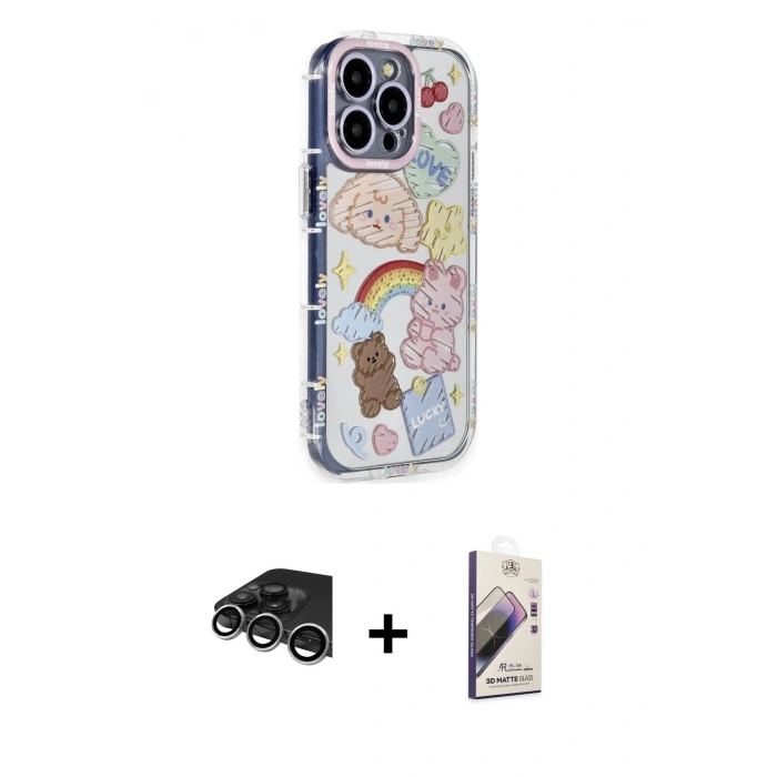 MARSİLYAN™- iPhone 14 Pro Max Kılıf Ahenk Modern Serisi - Siyah Bilvis 3D Mat Cam Ekran Koruyucu + Raze Metal Kamera Lens - GS
