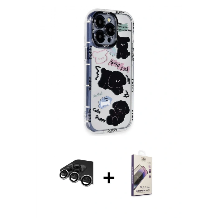 MARSİLYAN™- iPhone 14 Pro Max Kılıf Ahenk Modern Serisi - Siyah Bilvis 3D Mat Cam Ekran Koruyucu + Raze Metal Kamera Lens - GS