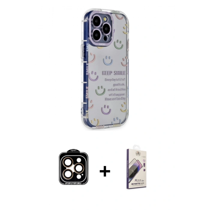 MARSİLYAN™- iPhone 14 Pro Max Kılıf Ahenk Modern Serisi - Siyah Bilvis 3D Mat Cam Ekran Koruyucu + PVD Metal Kamera Lens - TU
