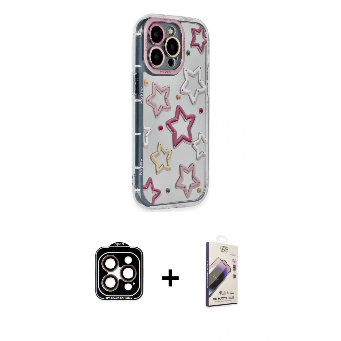 MARSİLYAN™- iPhone 14 Pro Max Kılıf Ahenk Modern Serisi - Siyah Bilvis 3D Mat Cam Ekran Koruyucu + PVD Metal Kamera Lens - TU