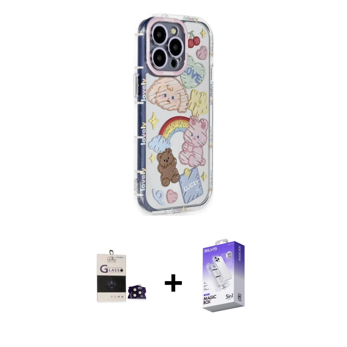 MARSİLYAN™- iPhone 14 Pro Max Kılıf Ahenk Modern Serisi - Siyah Bilvis 5in1 3D Magic Cam Ekran Koruyucu + Bilvis Titan Kamera Lens - SH