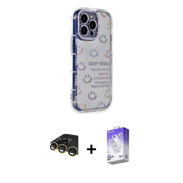 MARSİLYAN™- iPhone 14 Pro Max Kılıf Ahenk Modern Serisi - Siyah Bilvis 5in1 3D Magic Cam Ekran Koruyucu + Raze Metal Kamera Lens - GD