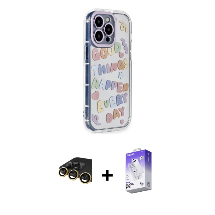 MARSİLYAN™- iPhone 14 Pro Max Kılıf Ahenk Modern Serisi - Siyah Bilvis 5in1 3D Magic Cam Ekran Koruyucu + Raze Metal Kamera Lens - GD
