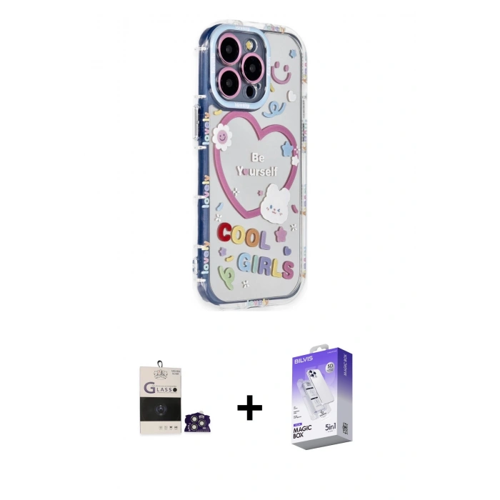 MARSİLYAN™- iPhone 14 Pro Max Kılıf Ahenk Modern Serisi - Siyah Bilvis 5in1 3D Magic Cam Ekran Koruyucu + Bilvis Titan Kamera Lens - GS