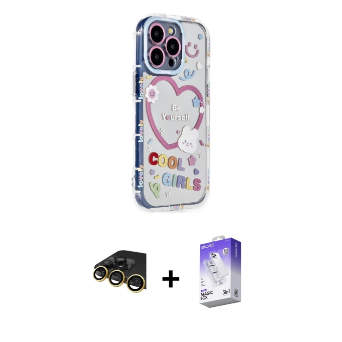 MARSİLYAN™- iPhone 14 Pro Max Kılıf Ahenk Modern Serisi - Siyah Bilvis 5in1 3D Magic Cam Ekran Koruyucu + Raze Metal Kamera Lens - GD