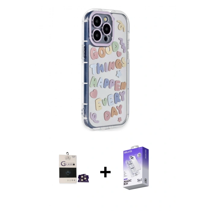 MARSİLYAN™- iPhone 14 Pro Max Kılıf Ahenk Modern Serisi - Siyah Bilvis 5in1 3D Magic Cam Ekran Koruyucu + Bilvis Titan Kamera Lens - GD