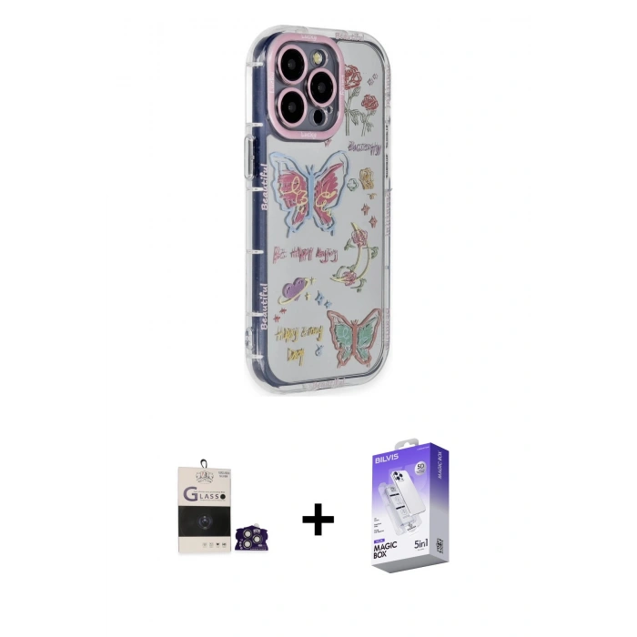 MARSİLYAN™- iPhone 14 Pro Max Kılıf Ahenk Modern Serisi - Siyah Bilvis 5in1 3D Magic Cam Ekran Koruyucu + Bilvis Titan Kamera Lens - GS