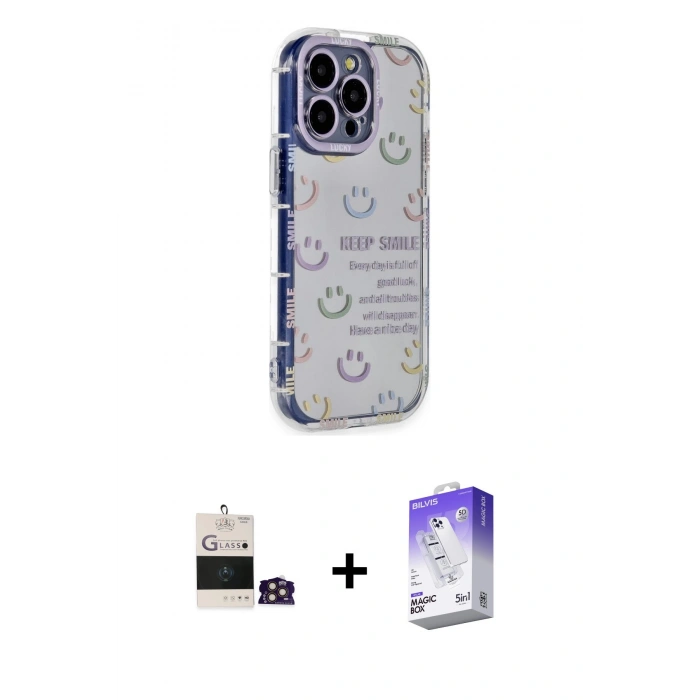 MARSİLYAN™- iPhone 14 Pro Max Kılıf Ahenk Modern Serisi - Siyah Bilvis 5in1 3D Magic Cam Ekran Koruyucu + Bilvis Titan Kamera Lens - GD