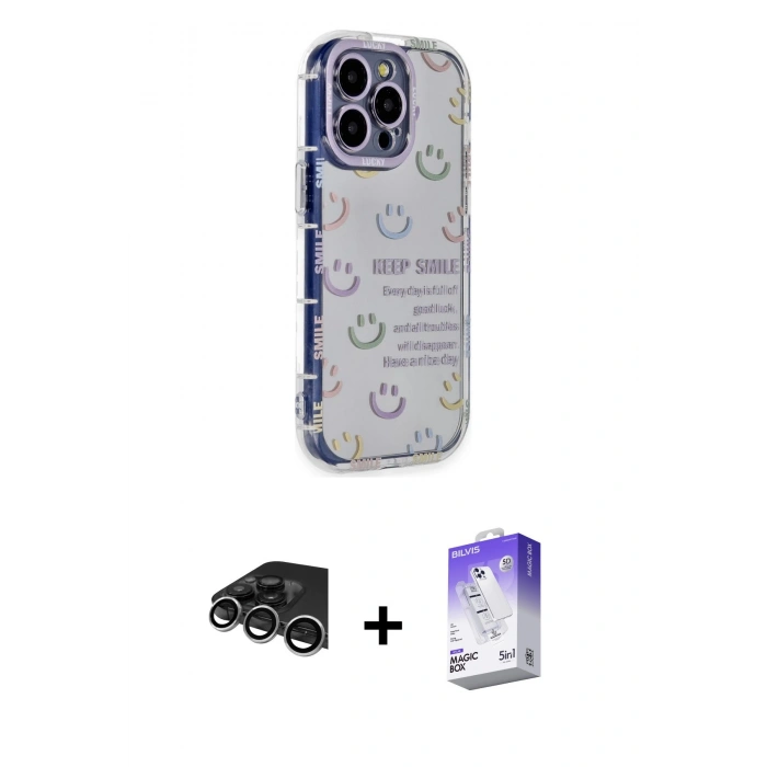 MARSİLYAN™- iPhone 14 Pro Max Kılıf Ahenk Modern Serisi - Siyah Bilvis 5in1 3D Magic Cam Ekran Koruyucu + Raze Metal Kamera Lens - GS