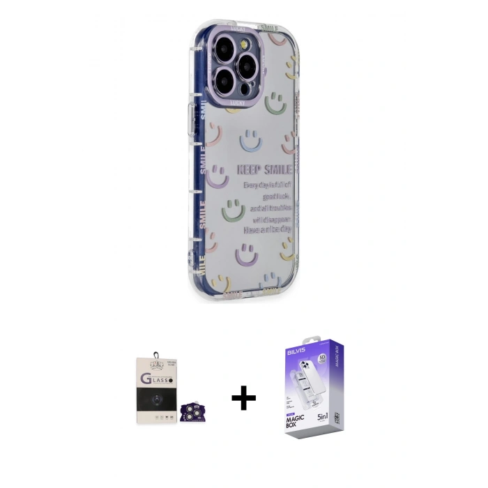 MARSİLYAN™- iPhone 14 Pro Max Kılıf Ahenk Modern Serisi - Siyah Bilvis 5in1 3D Magic Cam Ekran Koruyucu + Bilvis Titan Kamera Lens - GS