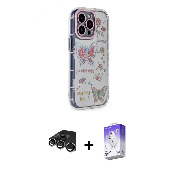 MARSİLYAN™- iPhone 14 Pro Max Kılıf Ahenk Modern Serisi - Siyah Bilvis 5in1 3D Magic Cam Ekran Koruyucu + Raze Metal Kamera Lens - GS