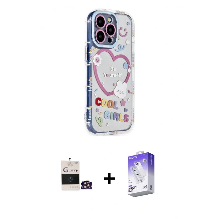 MARSİLYAN™- iPhone 14 Pro Max Kılıf Ahenk Modern Serisi - Siyah Bilvis 5in1 3D Magic Cam Ekran Koruyucu + Bilvis Titan Kamera Lens - GD