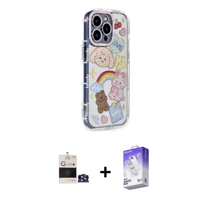 MARSİLYAN™- iPhone 14 Pro Max Kılıf Ahenk Modern Serisi - Siyah Bilvis 5in1 3D Magic Cam Ekran Koruyucu + Bilvis Titan Kamera Lens - GS