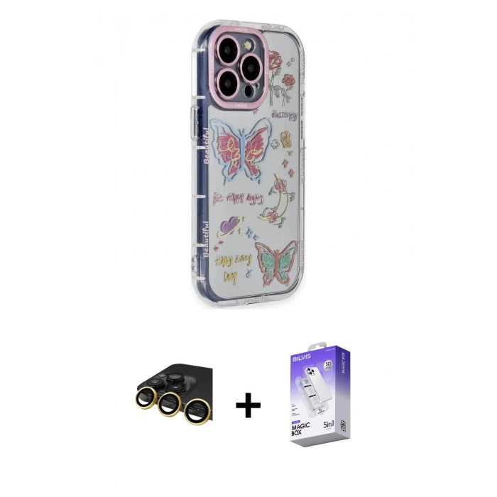 MARSİLYAN™- iPhone 14 Pro Max Kılıf Ahenk Modern Serisi - Siyah Bilvis 5in1 3D Magic Cam Ekran Koruyucu + Raze Metal Kamera Lens - GD