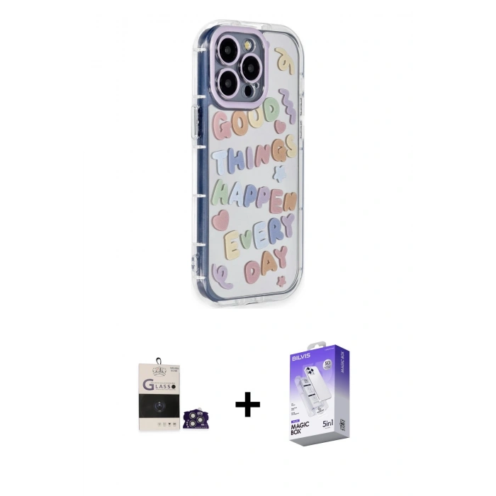 MARSİLYAN™- iPhone 14 Pro Max Kılıf Ahenk Modern Serisi - Siyah Bilvis 5in1 3D Magic Cam Ekran Koruyucu + Bilvis Titan Kamera Lens - GS