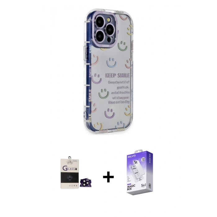 MARSİLYAN™- iPhone 14 Pro Max Kılıf Ahenk Modern Serisi - Siyah Bilvis 5in1 3D Magic Cam Ekran Koruyucu + Bilvis Titan Kamera Lens - SH
