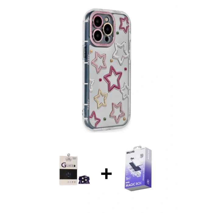 MARSİLYAN™- iPhone 14 Pro Max Kılıf Ahenk Modern Serisi - Siyah Bilvis 5in1 5D Magic Hayalet Cam Ekran Koruyucu + Bilvis Titan Kamera Lens - DNMR