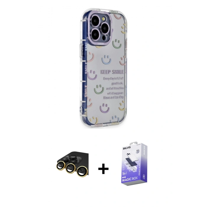 MARSİLYAN™- iPhone 14 Pro Max Kılıf Ahenk Modern Serisi - Siyah Bilvis 5in1 5D Magic Hayalet Cam Ekran Koruyucu + Raze Metal Kamera Lens - GD