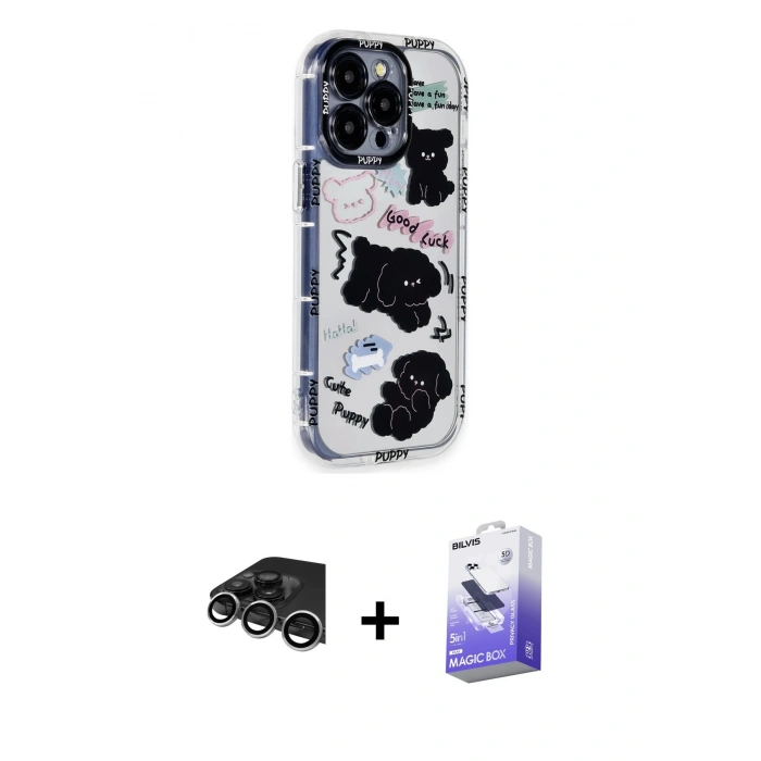 MARSİLYAN™- iPhone 14 Pro Max Kılıf Ahenk Modern Serisi - Siyah Bilvis 5in1 5D Magic Hayalet Cam Ekran Koruyucu + Raze Metal Kamera Lens - GS