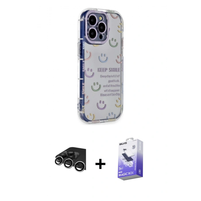 MARSİLYAN™- iPhone 14 Pro Max Kılıf Ahenk Modern Serisi - Siyah Bilvis 5in1 5D Magic Hayalet Cam Ekran Koruyucu + Raze Metal Kamera Lens - GS