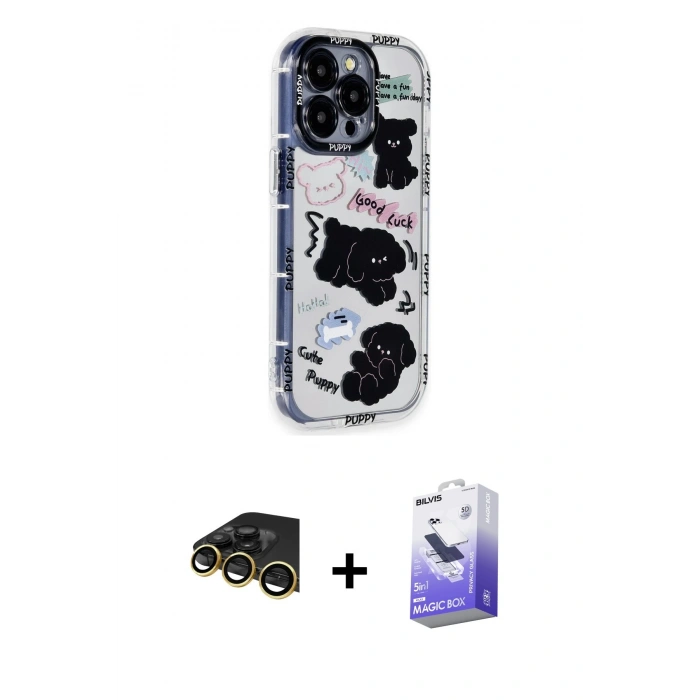 MARSİLYAN™- iPhone 14 Pro Max Kılıf Ahenk Modern Serisi - Siyah Bilvis 5in1 5D Magic Hayalet Cam Ekran Koruyucu + Raze Metal Kamera Lens - GD