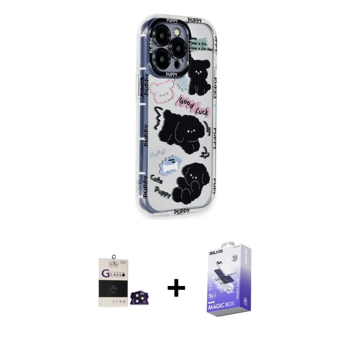 MARSİLYAN™- iPhone 14 Pro Max Kılıf Ahenk Modern Serisi - Siyah Bilvis 5in1 5D Magic Hayalet Cam Ekran Koruyucu + Bilvis Titan Kamera Lens - DNMR
