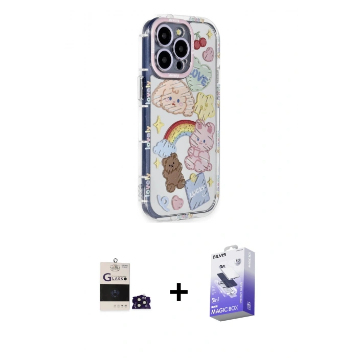MARSİLYAN™- iPhone 14 Pro Max Kılıf Ahenk Modern Serisi - Siyah Bilvis 5in1 5D Magic Hayalet Cam Ekran Koruyucu + Bilvis Titan Kamera Lens - DNMR