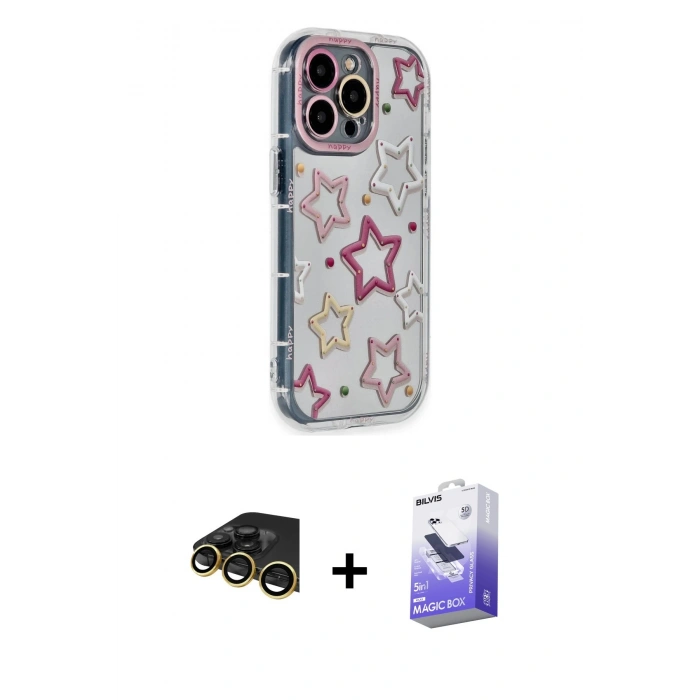 MARSİLYAN™- iPhone 14 Pro Max Kılıf Ahenk Modern Serisi - Siyah Bilvis 5in1 5D Magic Hayalet Cam Ekran Koruyucu + Raze Metal Kamera Lens - GD