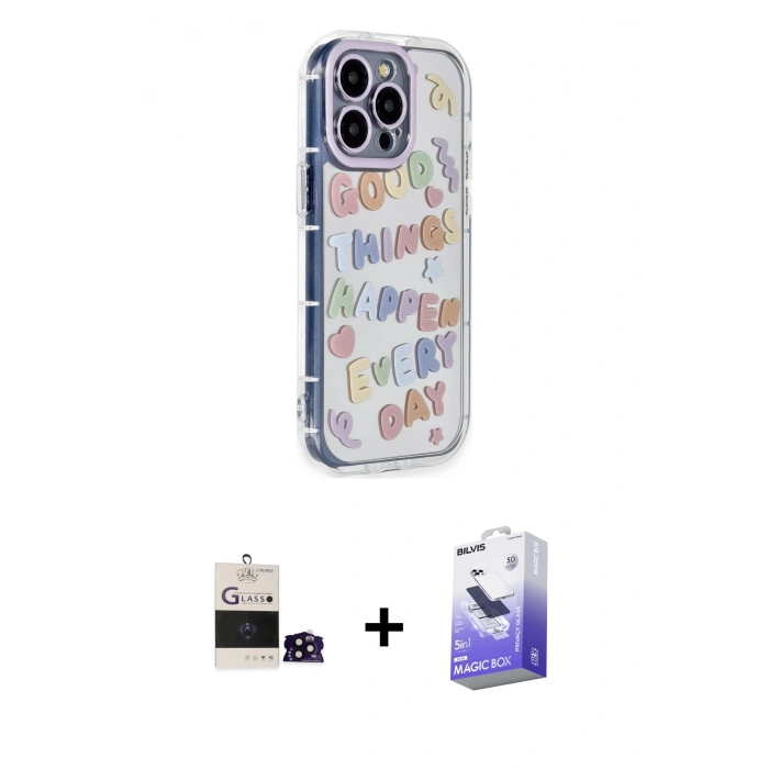 MARSİLYAN™- iPhone 14 Pro Max Kılıf Ahenk Modern Serisi - Siyah Bilvis 5in1 5D Magic Hayalet Cam Ekran Koruyucu + Siyah Bilvis Titan Kamera Lens