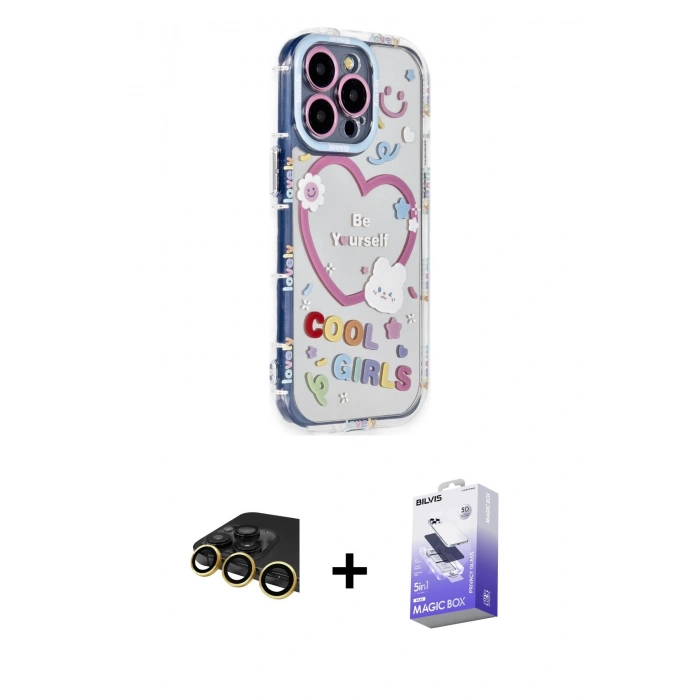 MARSİLYAN™- iPhone 14 Pro Max Kılıf Ahenk Modern Serisi - Siyah Bilvis 5in1 5D Magic Hayalet Cam Ekran Koruyucu + Raze Metal Kamera Lens - GD