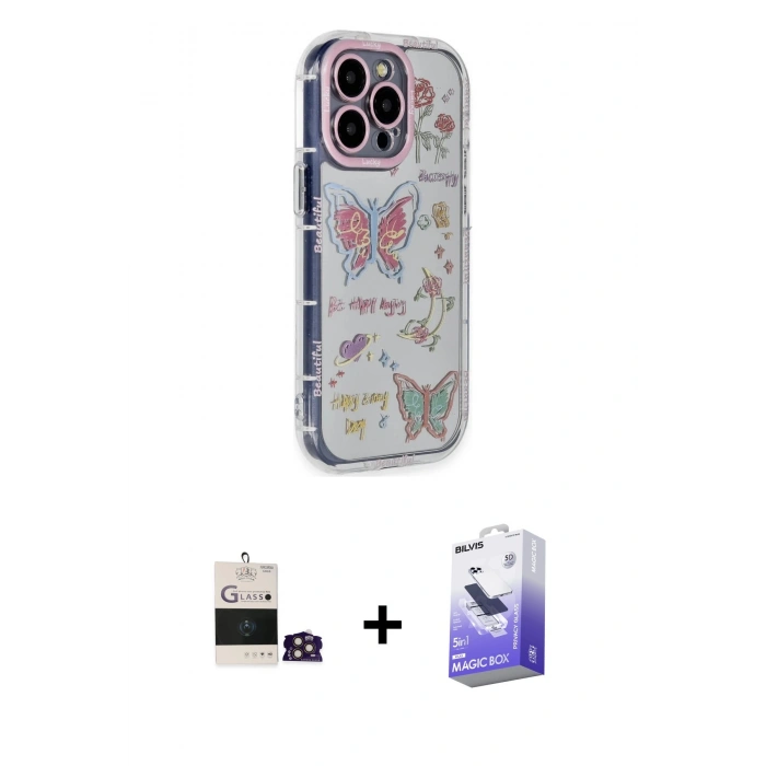 MARSİLYAN™- iPhone 14 Pro Max Kılıf Ahenk Modern Serisi - Siyah Bilvis 5in1 5D Magic Hayalet Cam Ekran Koruyucu + Bilvis Titan Kamera Lens - GD