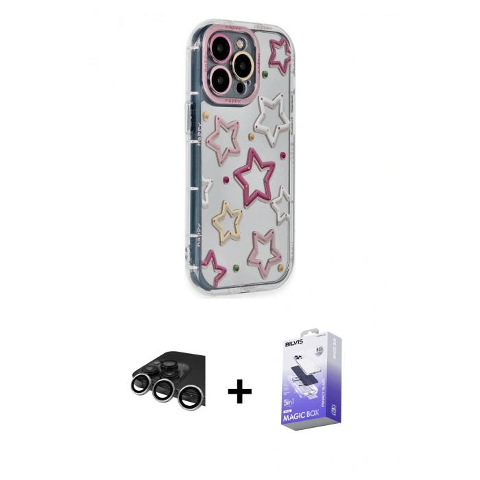 MARSİLYAN™- iPhone 14 Pro Max Kılıf Ahenk Modern Serisi - Siyah Bilvis 5in1 5D Magic Hayalet Cam Ekran Koruyucu + Raze Metal Kamera Lens - GS