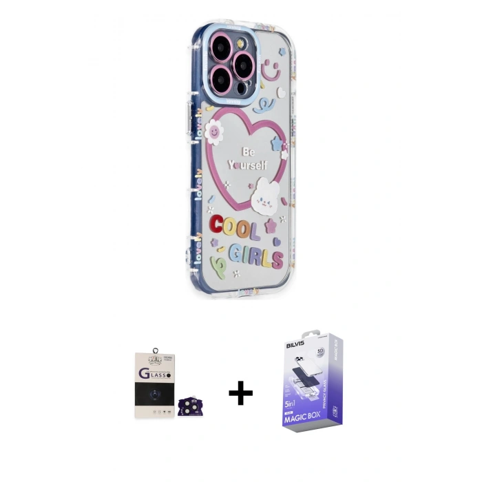 MARSİLYAN™- iPhone 14 Pro Max Kılıf Ahenk Modern Serisi - Siyah Bilvis 5in1 5D Magic Hayalet Cam Ekran Koruyucu + Bilvis Titan Kamera Lens - DNMR