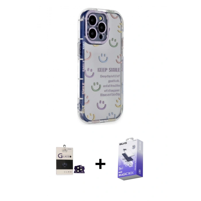 MARSİLYAN™- iPhone 14 Pro Max Kılıf Ahenk Modern Serisi - Siyah Bilvis 5in1 5D Magic Hayalet Cam Ekran Koruyucu + Siyah Bilvis Titan Kamera Lens