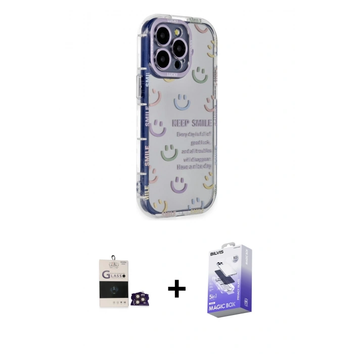 MARSİLYAN™- iPhone 14 Pro Max Kılıf Ahenk Modern Serisi - Siyah Bilvis 5in1 5D Magic Hayalet Cam Ekran Koruyucu + Bilvis Titan Kamera Lens - GD