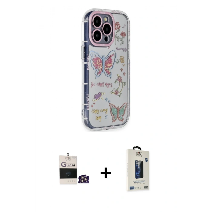MARSİLYAN™- iPhone 14 Pro Max Kılıf Ahenk Modern Serisi - Siyah Bilvis Hayalet Cam Ekran Koruyucu + Bilvis Titan Kamera Lens - GD