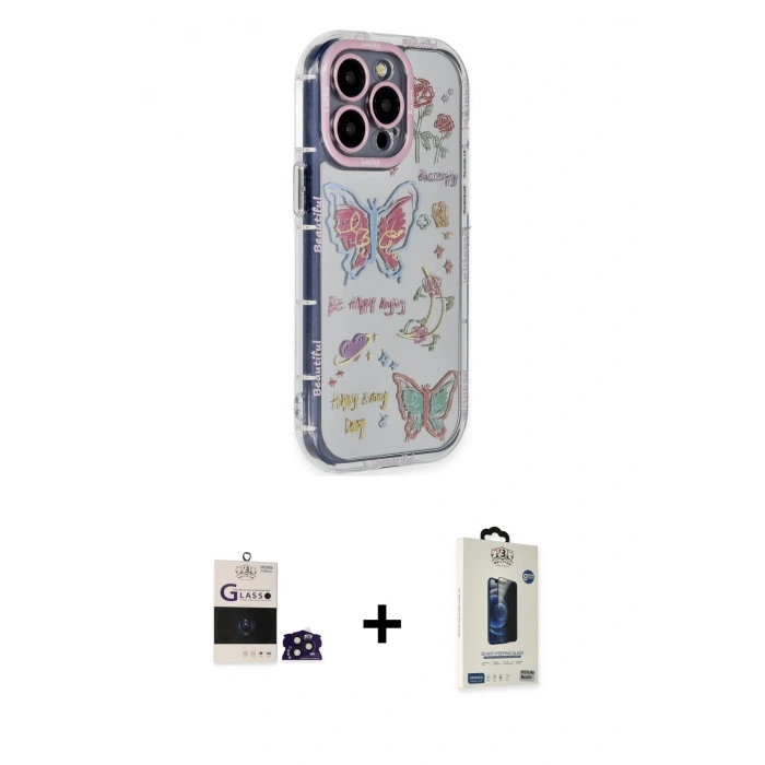 MARSİLYAN™- iPhone 14 Pro Max Kılıf Ahenk Modern Serisi - Siyah Bilvis Hayalet Cam Ekran Koruyucu + Bilvis Titan Kamera Lens - DNMR