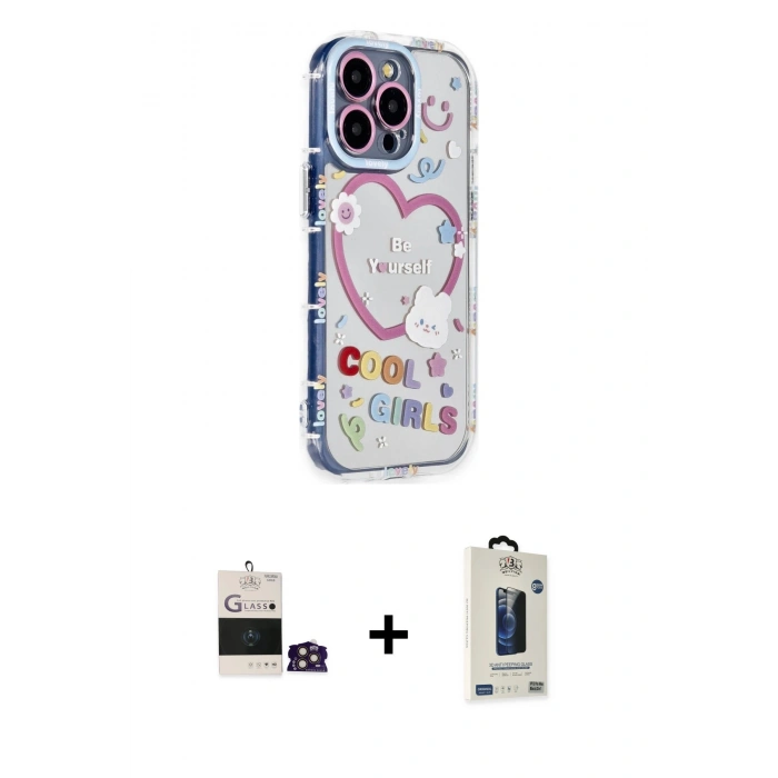 MARSİLYAN™- iPhone 14 Pro Max Kılıf Ahenk Modern Serisi - Siyah Bilvis Hayalet Cam Ekran Koruyucu + Gold Bilvis Titan Kamera Lens