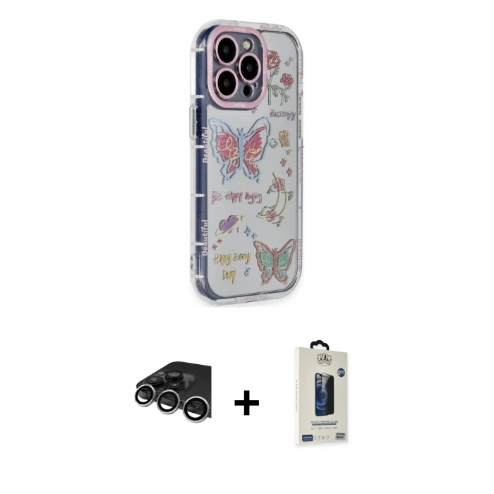 MARSİLYAN™- iPhone 14 Pro Max Kılıf Ahenk Modern Serisi - Siyah Bilvis Hayalet Cam Ekran Koruyucu + Gümüş Raze Metal Kamera Lens