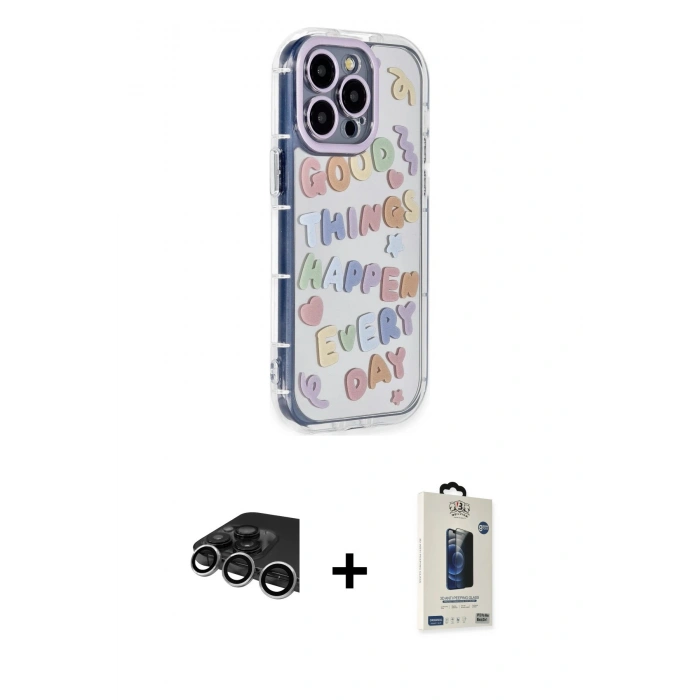 MARSİLYAN™- iPhone 14 Pro Max Kılıf Ahenk Modern Serisi - Siyah Bilvis Hayalet Cam Ekran Koruyucu + Gümüş Raze Metal Kamera Lens