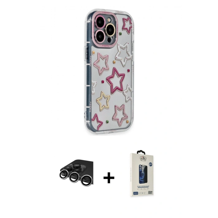 MARSİLYAN™- iPhone 14 Pro Max Kılıf Ahenk Modern Serisi - Siyah Bilvis Hayalet Cam Ekran Koruyucu + Gümüş Raze Metal Kamera Lens